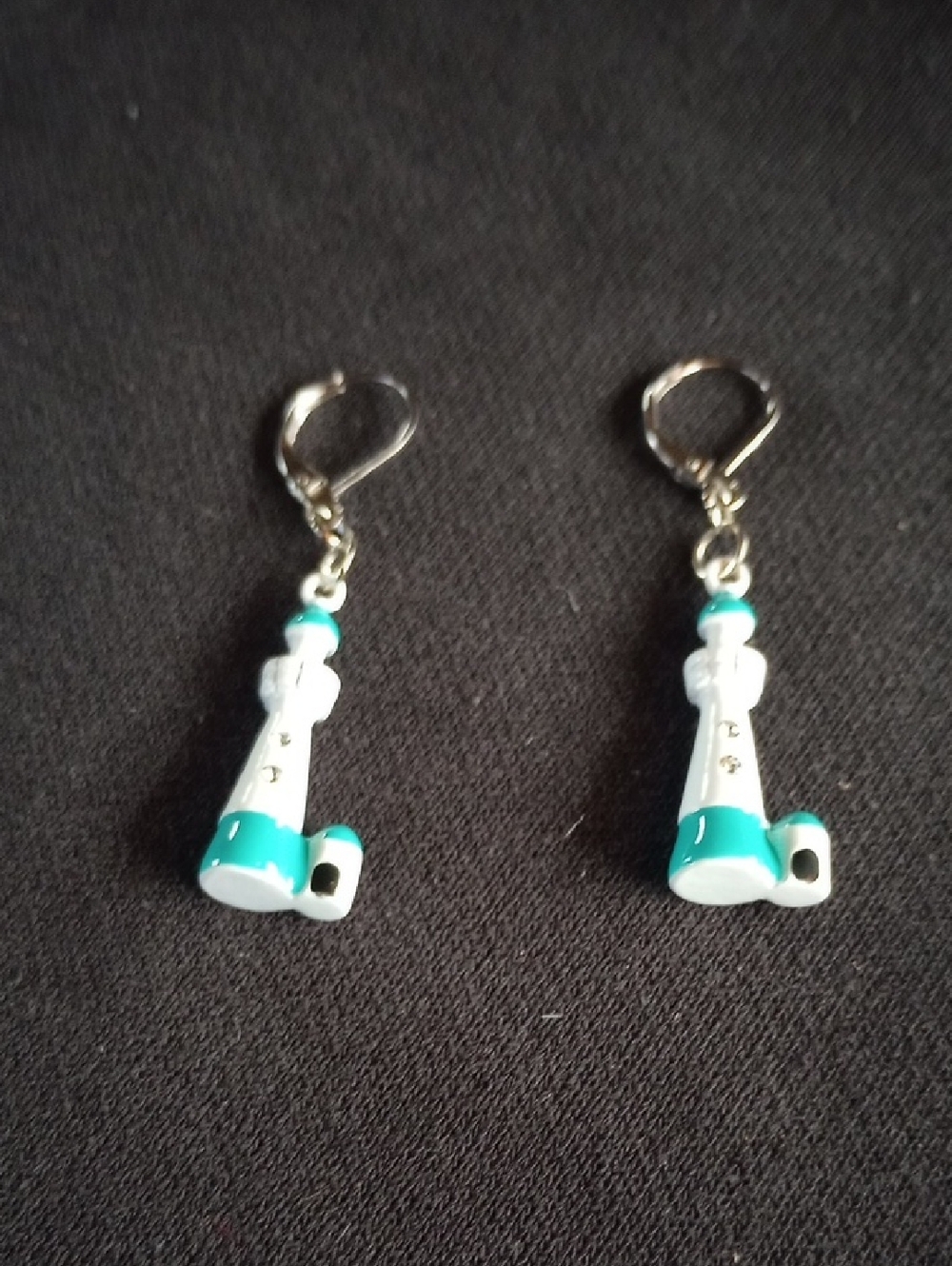 Hand Crafted White and Teal Lighthouse Drop Earrings